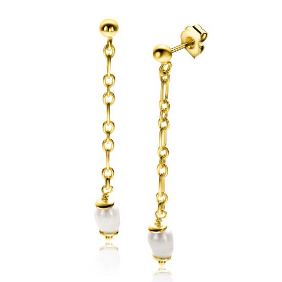 40mm ZINZI gold plated silver stud earrings with long link chain, including white freshwater pearl ZIO2588