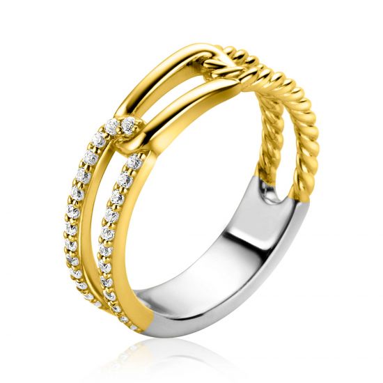 ZINZI Gold Plated Sterling Silver Luxury Ring with 3 Paperclip Chains: Smooth, Twist Design and White Zirconias 5mm width ZIR2330Y