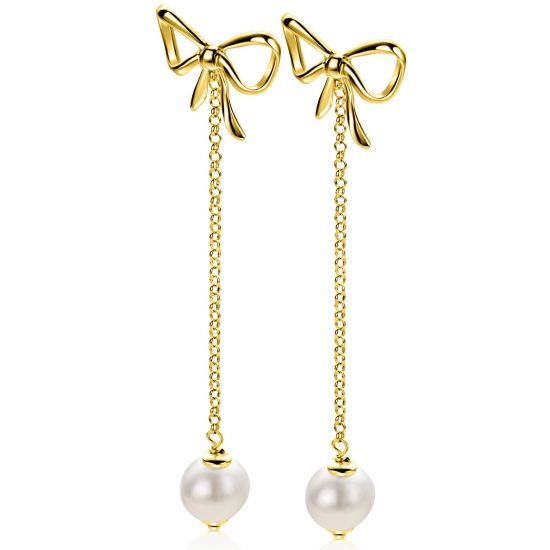 60mm ZINZI gold plated silver bow stud earrings with chain and freshwater pearl ZIO2677