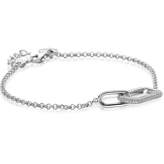 ZINZI Sterling Silver Bracelet with 2 Connected Chains: a Rectangular Chain Set with White Zirconias and a Shiny Oval Chain 16,5-19,5cm ZIA2551