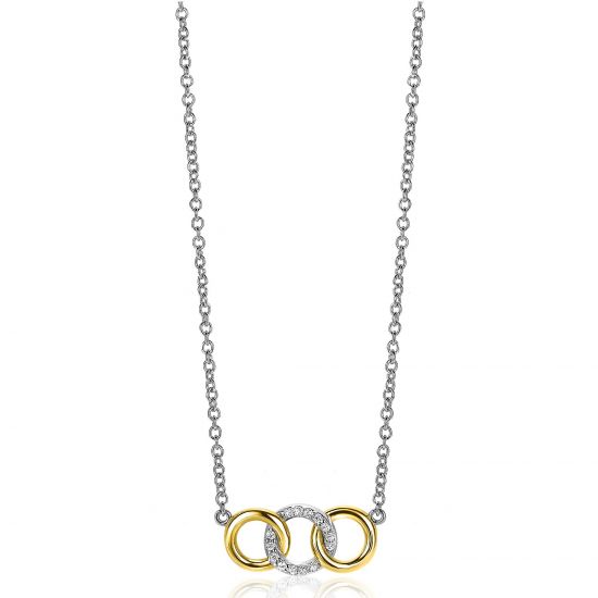 ZINZI Gold Plated Sterling Silver Necklace with 3 Connected Open Circles White Zirconias 45cm ZIC2045G