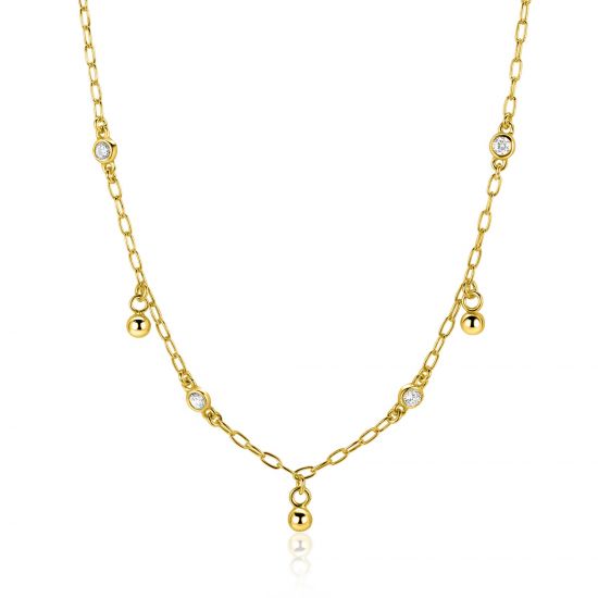 ZINZI gold plated silver link necklace with four white cubic zirconias and three round beads, evenly distributed across the necklace 42-45cm ZIC2658