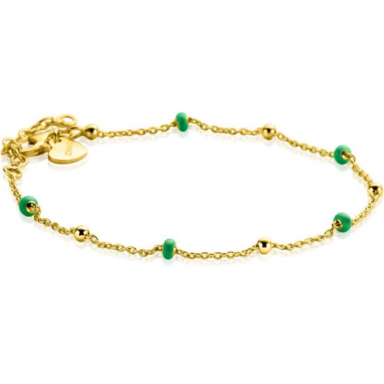 ZINZI Gold Plated Sterling Silver Fantasy Bracelet with 5 Green Donuts and Shiny Beads 17-19,5cm ZIA2509