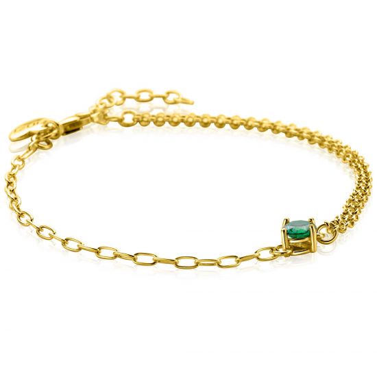 ZINZI gold plated silver multi-look bracelet with oval and rolo links, featuring a round green gemstone in a prong setting 17-19cm ZIA2660G