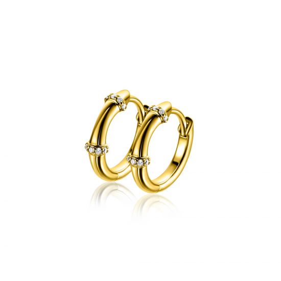 15mm ZINZI gold plated silver hoop earrings with bamboo pattern, set with white cubic zirconias and luxury clasp ZIO2687Y