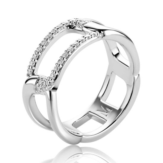 Mart Visser by ZINZI silver link ring, 8mm wide, with rectangular links adorned with white zirconia, MVR28