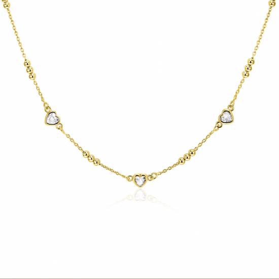 ZINZI gold plated silver link necklace with trio beads and three heart-shaped white cubic zirconias 40-45cm ZIC2679