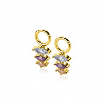 13mm ZINZI gold plated silver charm earrings with three pear-shaped settings in descending size, set with light blue, purple and champagne gemstones ZICH2631BC (without hoops earrings)