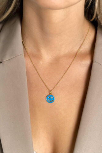 15mm ZINZI Gold Plated Sterling Silver Pendant Smiley Round with Blue Enamel ZIH2312B (excl. necklace)