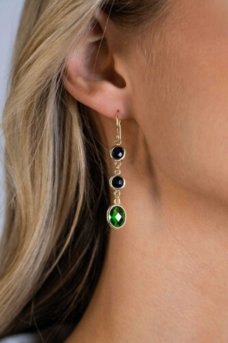 50mm ZINZI Gold Plated Sterling Silver Long Drop Earrings Set with 2 Round Black Zirconias and a Larger Oval Green Color Stone ZIO2389