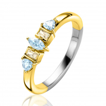 ZINZI gold plated silver ring with pear, rectangular and triangular settings set with light blue and champagne gemstones ZIR2630B
