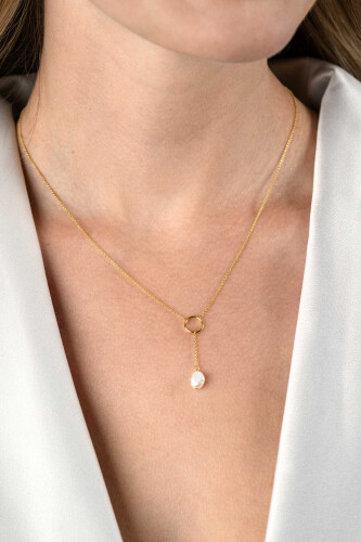 ZINZI gold plated silver Y-necklace with open circle and dangling white freshwater pearl in organic shape 42-45cm ZIC2615