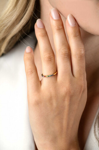 ZINZI gold plated silver stacking ring with rainbow gemstones in prong settings ZIR2598