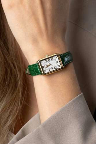 ZINZI Elegance bicolor Watch White Dial and Rectangular Gold Colored  Case and Green Leather Strap 28mm  ZIW1907G