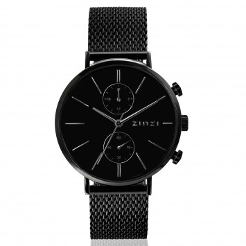 ZINZI Traveller Watch 39mm Black Dial Stainless Steel Case and Mesh Strap with dual time ZIW750M