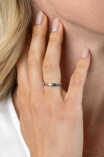 ZINZI silver stacking ring with rainbow gemstones in round bezel settings 3mm wide ZIR2599