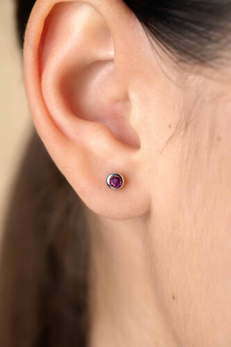 JULY Stud Earrings 4mm Sterling Silver with Birthstone Red Ruby Zirconia