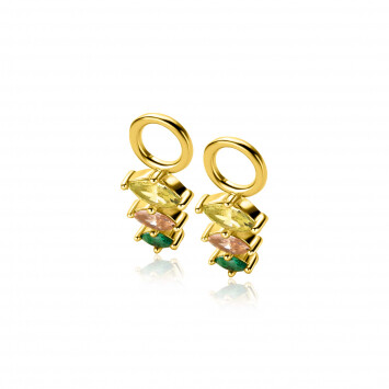 13mm ZINZI gold plated silver charm earrings with three pear-shaped settings in descending size, set with peridot, champagne and dark green gemstones ZICH2631GC (without hoops earrings)
