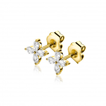 7.5mm ZINZI gold plated silver stud earrings with flower set with four teardrop-shaped white zirconia ZIO2624