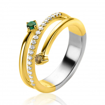 ZINZI gold plated silver multi-look ring (9mm wide) with 3 rows, set with green gemstones and white zirconias ZIR2646G