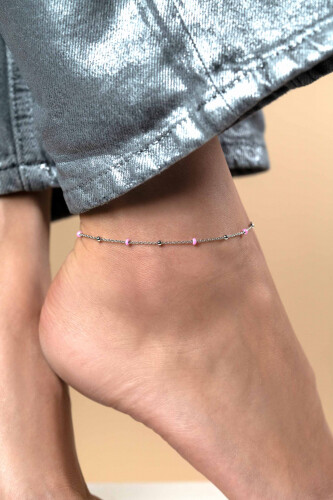 ZINZI Sterling Silver Fantasy Anklet with 7 Pink Donuts and Shiny Beads 23+4cm ZIE2510