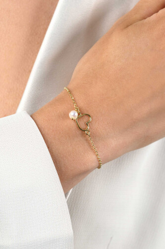 ZINZI gold plated silver bracelet with open heart and dangling white freshwater pearl 16-19cm ZIA2642