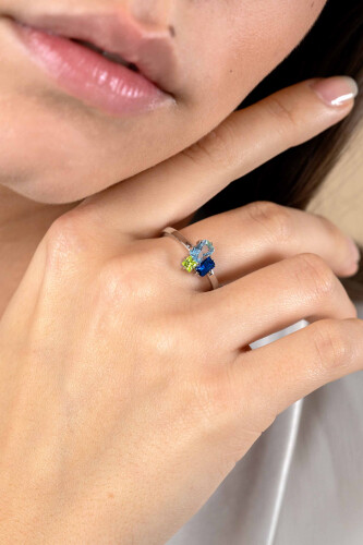 ZINZI Sterling Silver Ring Rectangles Light Green, Light Blue and  Sapphire Blue Color Stones ZIR2496