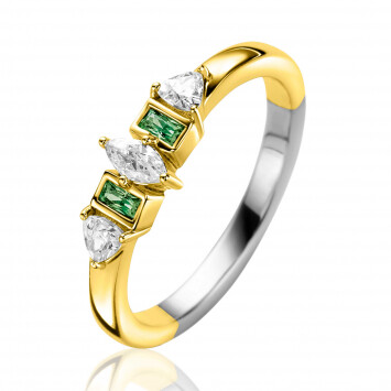 ZINZI gold plated silver ring with pear, rectangular and triangular settings set with white and green gemstones ZIR2630G