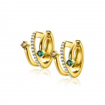 16mm ZINZI gold plated silver multi-look hoop earrings with 3 rows, set with green gemstones and white zirconias 10mm wide with luxury hinge closure ZIO2646G