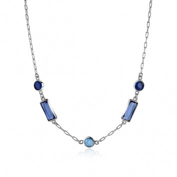 ZINZI Sterling Silver Paperclip Chain Necklace with Round and Rectangular Settings Cobalt and Blue Color Stones 42-45cm ZIC-BF44