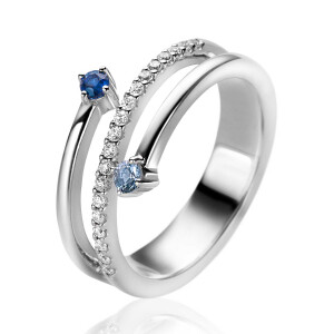 ZINZI silver multi-look ring (9mm wide) with 3 rows, set with blue gemstones and white zirconias ZIR2646B