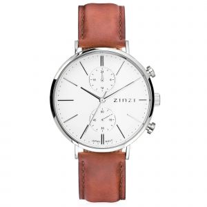 ZINZI Man Traveller Watch 39mm White Dial Stainless Steel Case and Brown Leather Strap with dual time ZIW740