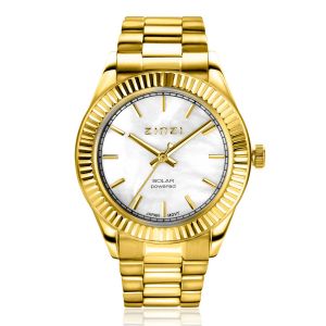 ZINZI Solaris Watch 35mm White Mother-of-Pearl Dial Gold Colored Case and Chain Strap (works on sun- and artificial light) ZIW2134
