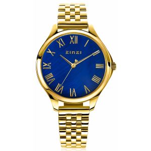 ZINZI Watch JULIA 34mm Dark Blue Mother-of-Pearl Dial Roman Figures Gold Colored Stainless Steel Case and Strap ZIW1147