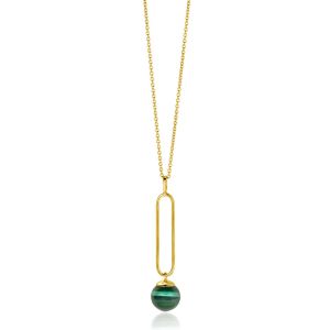 ZINZI Gold Plated Sterling Silver Necklace with Oval Pendant and Dangling Bead in Green Cat's Eye 40-45cm ZIC2420