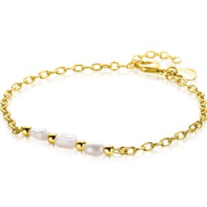 ZINZI gold plated silver chain bracelet with three white naturally shaped freshwater pearls in the middle 17-19cm ZIA2643