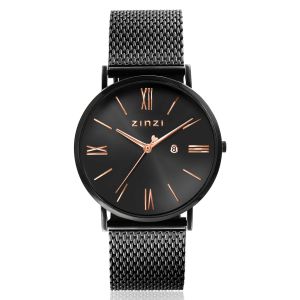 ZINZI Roman Watch 34mm Black and Rose Gold Colored Dial Stainless Steel Case and Mesh Strap  ZIW509M