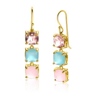 43mm ZINZI Gold Plated Sterling Silver Drop Earrings with 3 Trendy Square Color Stones in Pink and Turquoise ZIO2454