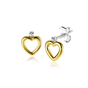 9mm ZINZI Gold Plated Sterling Silver Stud Earrings Open Heart White Zirconias ZIO2566