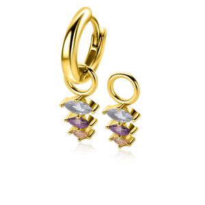 13mm ZINZI gold plated silver charm earrings with three pear-shaped settings in descending size, set with light blue, purple and champagne gemstones ZICH2631BC (without hoops earrings)