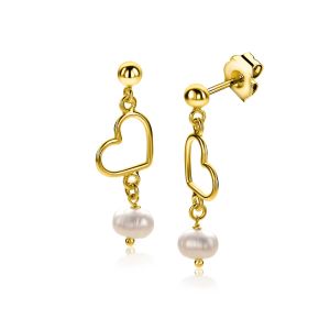 30mm ZINZI gold plated silver stud earrings with open heart and dangling white freshwater pearl ZIO2642