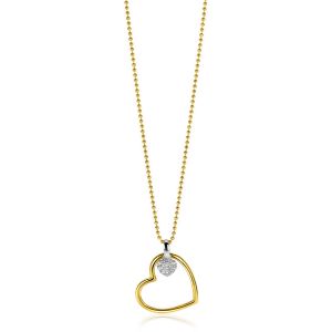 ZINZI gold plated silver bead necklace with large open heart pendant 20mm and dangling luxury heart 45-48cm ZIC2621