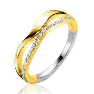 ZINZI gold plated silver multi-look ring (6mm wide) organically shaped with two wavy rows, one set with white zirconias ZIR2629Y
