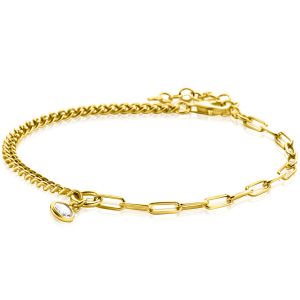 ZINZI Gold Plated Sterling Silver Bracelet with 2 Trendy Chains Combined: Curb and Paperclip Chain. With a Dangling White Zirconia 17-20cm ZIA2480