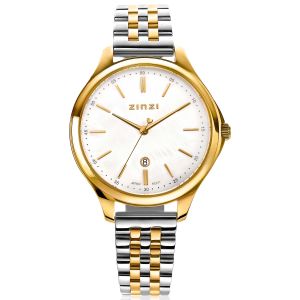 ZINZI Classy Watch 34mm White Mother-of-Pearl Dial Gold Colored Stainless Steel Case and Bicolor Strap with Date ZIW1034