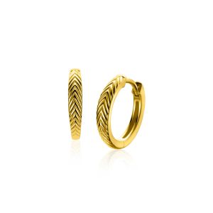 15mm ZINZI gold plated silver hoop earrings with feather motif 3mm wide and luxury hinge closure ZIO2644G