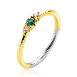 ZINZI Gold Plated Sterling Silver Ring with Small Prong Settings Green and Champagne Color Stones 3mm width ZIR2562