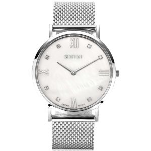 ZINZI Roman Watch 34mm White Mother-of-Pearl Dial with White Zirconias Stainless Steel Case and Mesh Strap  ZIW521M
