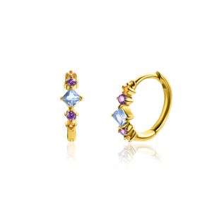 15mm ZINZI Gold Plated Sterling Silver Hoop Earrings with Blue, Purple and Champagne Color Stones in Diamond Shape 15x2mm ZIO2443