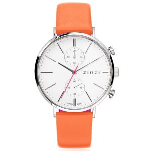 ZINZI Traveller Watch 39mm White Dial Stainless Steel Case and Orange Leather Strap with dual time ZIW706M
